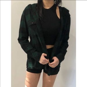 TNA Green/Black Plaid Button-Up with Hood Size: XS